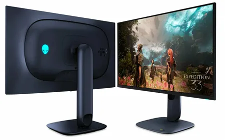 Два ракурса игрового монитора Alienware 27 AW2725Q — задняя панель с логотипом и экран с игровым контентом