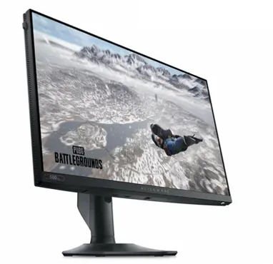 Игровой монитор Alienware AW2524HF с изображением сцены из PUBG Battlegrounds: персонаж в прыжке над заснеженным ландшафтом с горами на фоне