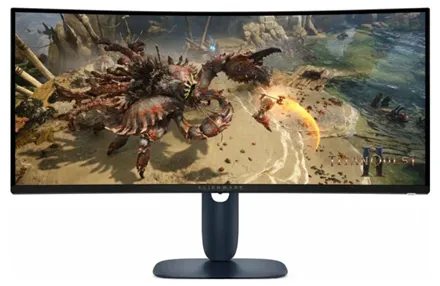 На изображении представлен изогнутый игровой монитор Alienware AW3425DWM, на экране которого запущена сцена из видеоигры «Titan Quest II»