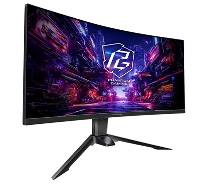 Игровой монитор ASRock Phantom PG34WQ15R2B с изогнутым экраном, отображающий яркое изображение в стиле киберпанк с логотипом Phantom Gaming в центре