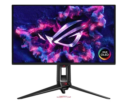 Игровой OLED-монитор Asus ROG Swift PG27UCDM с чёрной Y-образной подставкой. На экране — яркий абстрактный фон в фиолетово-розовых тонах, в центре — светящийся логотип ROG, в правом нижнем углу — круглый значок с надписью «ASUS OLED» и радужной окантовкой