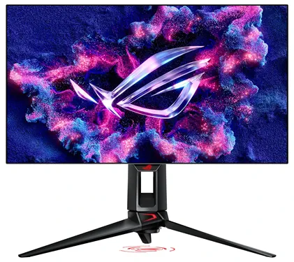 Игровой монитор Asus ROG Swift PG27AQDP с чёрной подставкой. На экране изображён логотип ROG на фоне абстрактного узора в фиолетово-розово-синих тонах, напоминающего космическую пыль или туманность