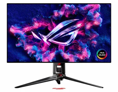 Игровой монитор Asus ROG Swift PG32UCDP с OLED-дисплеем. На экране изображён логотип ROG на фоне абстрактного неонового узора в фиолетово-розовых тонах