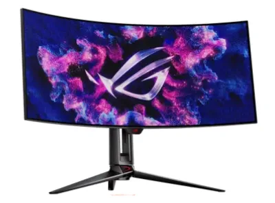 Изогнутый игровой монитор ASUS ROG Swift OLED PG34WCDM с чёрной подставкой. На экране изображён логотип ROG на фоне абстрактного дымчатого узора в фиолетово-синих тонах