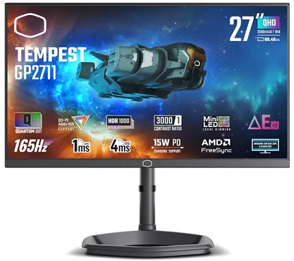 На изображении представлен игровой монитор TEMPEST GP2711 с диагональю 27 дюймов (68,46 см). На экране размещена яркая заставка с изображением футуристического космического корабля на фоне звёздного неба. Ключевые характеристики, отображённые на экране