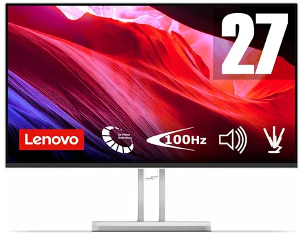 На изображении представлен 27-дюймовый монитор Lenovo L27i-4B с IPS-матрицей и частотой обновления 100 Гц. Технология In-Plane Switching обеспечивает широкие углы обзора и высокую точность цветопередачи. На экране отображён яркий абстрактный фон с плавными переходами красного и фиолетового оттенков
