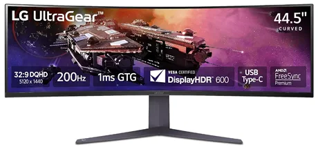 На изображении представлен изогнутый игровой монитор LG UltraGear 45GR75DC-B с диагональю 44.5 дюйма