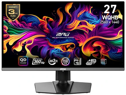 Игровой монитор MSI MPG 271QRX WQHD (2560×1440) с QD-OLED матрицей, частотой обновления 360 Гц и временем отклика 0,03 мс. На экране — яркий абстрактный узор. Указаны ключевые характеристики: OLED Care 2.0, поддержка G-Sync, мощность 90 Вт, гарантия 3 года