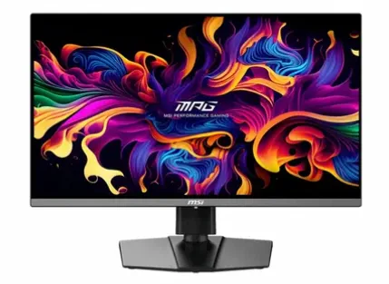 На изображении представлен монитор MSI MPG 272URX с чёрной рамкой и подставкой. На экране — абстрактный узор с плавными переходами между оттенками фиолетового, синего, оранжевого, жёлтого и зелёного. В центре композиции расположен логотип «MPG Multi-Performance Gaming» белого цвета