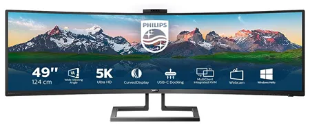 На изображении представлен изогнутый монитор Philips SuperWide 499P9H с диагональю 49 дюймов (124 см)