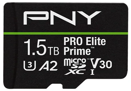 На изображении представлена microSD карта памяти бренда PNY. На ней указано, что это модель PRO Elite Prime с объемом 1,5 TB. Карта поддерживает спецификации U3, A2, microSDXC и V30