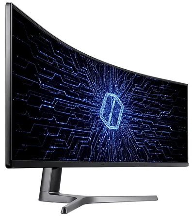 На изображении представлен изогнутый монитор Samsung C49RG90SSI (диагональ 48,8 дюйма, соотношение сторон 32:9). На экране отображается абстрактный технологический фон: множество синих линий, напоминающих цифровую схему или печатную плату, расходящихся от центра. В центре композиции — объёмный светящийся куб, выполненный в неоново-синем цвете