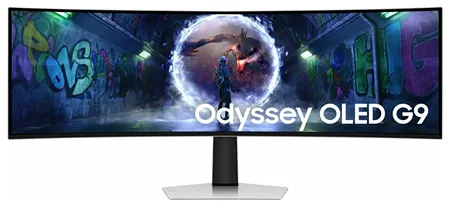 На изображении представлен монитор Samsung Odyssey OLED G9 (модель S49CG930SI) с изогнутым экраном. На дисплее демонстрируется яркая игровая сцена: персонаж в футуристическом костюме стоит перед светящимся порталом, за которым виден угрожающий дракон. Фон сцены — узкий переулок с граффити на стенах, освещённый неоновыми лампами. В нижней части экрана крупно написано «Odyssey OLED G9»