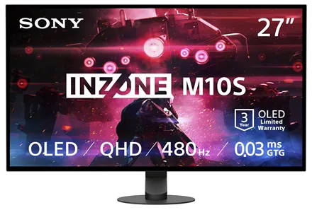 На изображении представлен игровой монитор Sony INZONE M10S с диагональю 27 дюймов. На экране размещена рекламная заставка с футуристическим дизайном: изображены элементы боевой техники и персонаж в динамичной сцене, выполненные в тёмных и неоново-розовых тонах. В верхней части экрана выделен логотип SONY, а в центре крупно написано название модели — INZONE M10S. В нижней части указаны ключевые характеристики монитора