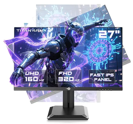27-дюймовый игровой монитор Titan Army с панелью Fast IPS. На экране — детализированное изображение кибернетического робота в динамичной позе, окружённого неоновыми линиями и цифровыми элементами. В верхней части экрана размещён логотип TITAN ARMY. В нижней части выделены ключевые характеристики: UHD с частотой 160 Гц, FHD с частотой 320 Гц, панель Fast IPS