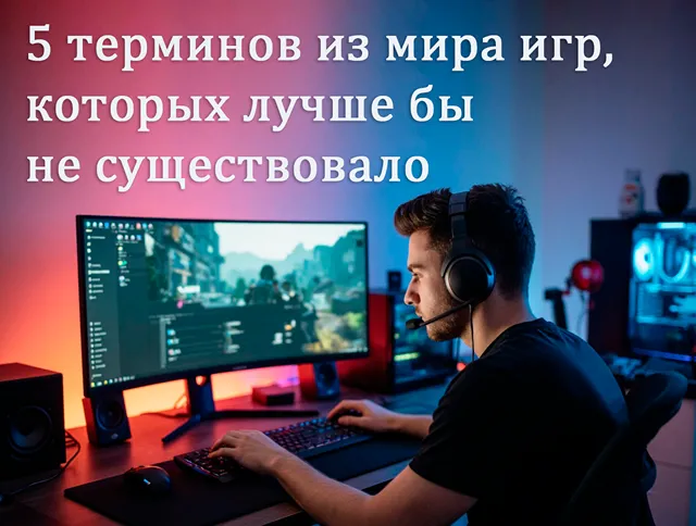 Молодой человек в наушниках играет на компьютере. На экране отображается игра. На изображении текст – 5 терминов из мира игр, которых лучше бы не существовало. В комнате полумрак, освещение от монитора и компьютера