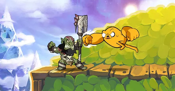 На изображении показан игровой момент из файтинга Brawlhalla, где представлены персонажи из мультсериала «Время приключений» (Adventure Time)
