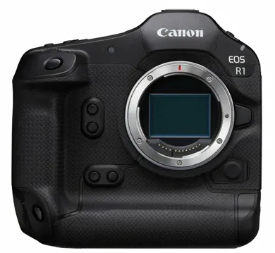 Фронтальный вид беззеркальной камеры Canon EOS R1 в чёрном корпусе. Видна область крепления объектива (байонет), логотип Canon и маркировка модели «EOS R1» на верхней панели
