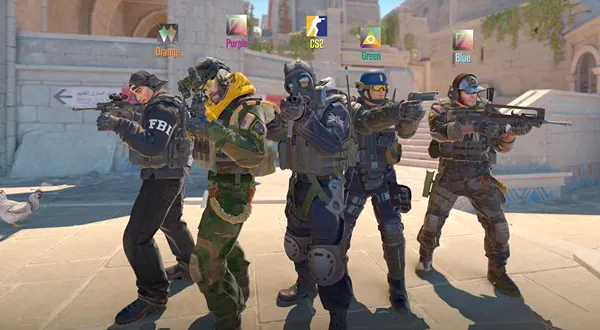 На изображении показан фрагмент из многопользовательского шутера, визуально и по стилистике напоминающего Counter-Strike: Global Offensive (CS:GO)