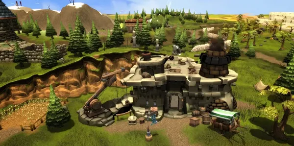 На изображении показан фрагмент игрового мира, стилизованного под фэнтези-сеттинг с элементами шахтёрской тематики