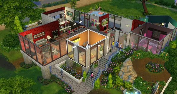 На изображении представлен современный двухэтажный дом из игры The Sims 4 с открытой планировкой и большими стеклянными окнами. Дом окружён ухоженным садом с цветами, кустарниками и декоративным каменным элементом