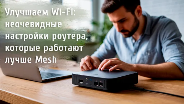 Человек работает с сетевым оборудованием — роутером, на фоне текст о настройке Wi-Fi и преимуществах настроек над Mesh-системами