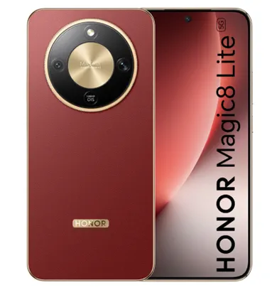 Смартфон HONOR Magic8 Lite в бордовом корпусе с золотистыми акцентами. На задней панели расположен крупный круглый модуль камер с несколькими объективами и логотипом HONOR. На экране вертикально размещён текст «HONOR Magic8 Lite 5G» на фоне градиентного красно-белого дизайна