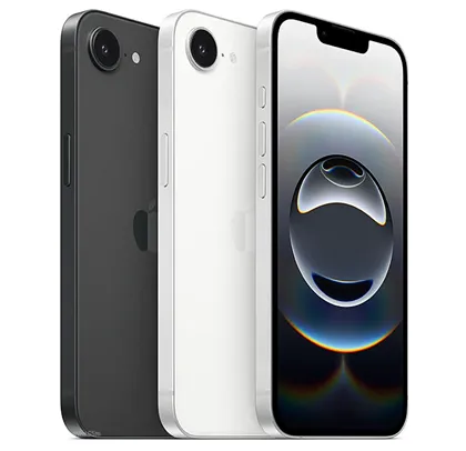 На изображении представлен смартфон Apple iPhone 16e в белой и чёрной расцветке