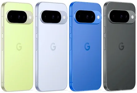 На изображении представлены четыре смартфона Google Pixel 10 Pro в разных цветах: жёлтый, белый, синий и чёрный. У всех устройств крупный модуль камеры с двумя объективами и логотипом Google на задней панели
