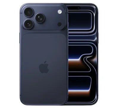 На изображении представлен смартфон Apple iPhone 17 Pro Max в цвете Deep Blue