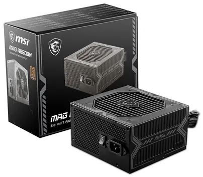 Блок питания MSI MAG A550BN на 550 Вт с сертификатом 80 Plus Bronze на фоне упаковочной коробки