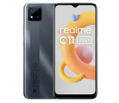 На изображении представлен смартфон realme C11 (2021) в сером цвете. Это устройство отличается простым дизайном и базовыми характеристиками, подходящими для повседневного использования