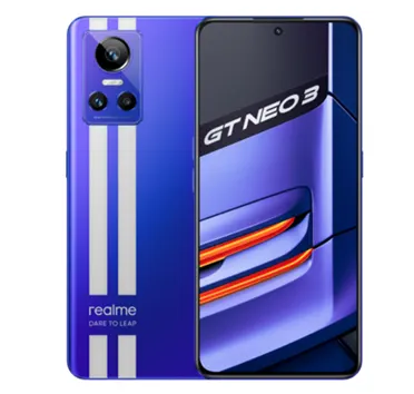На изображении представлен смартфон realme GT Neo 3 в синем цвете
