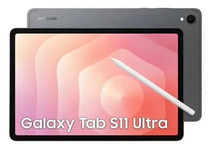 На изображении представлен планшет Samsung Galaxy Tab S11 Ultra в сером корпусе. На переднем плане виден экран устройства с фирменными обоями в розовых и персиковых оттенках и надписью «Galaxy Tab S11 Ultra». Также на экране лежит стилус S Pen, входящий в комплект поставки