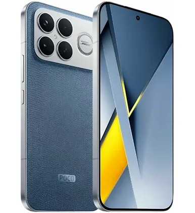 На изображении представлен смартфон Xiaomi Poco F8 Ultra в оформлении стиля голубой деним