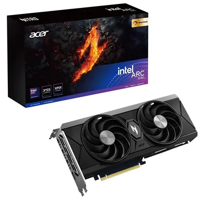 Видеокарта Acer Arc B580 Nitro OC на фоне торговой упаковки