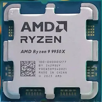 На изображении представлен процессор AMD Ryzen 9 9950X3D. Это центральный процессор (CPU) от компании AMD относящийся к линейке Ryzen 9000