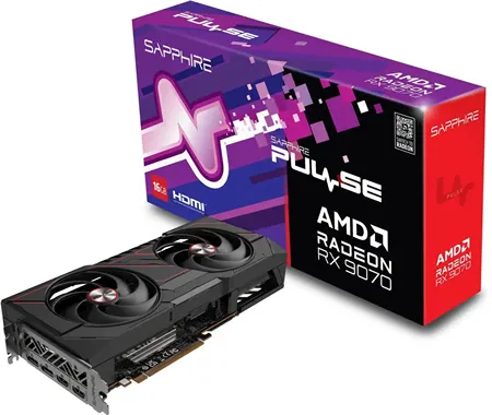 На изображении представлена видеокарта Sapphire AMD Radeon RX 9070 PULSE [11349-03-20G]. Эта видеокарта поддерживает трассировку лучей и современные API, такие как DirectX 12 Ultimate и OpenGL 4.6. Она обеспечивает высокую производительность в играх и приложениях, а также подходит для работы с графикой и видеомонтажом