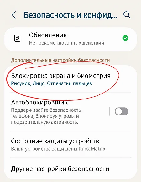 Раздел управления функциями блокировки экрана и биометрии