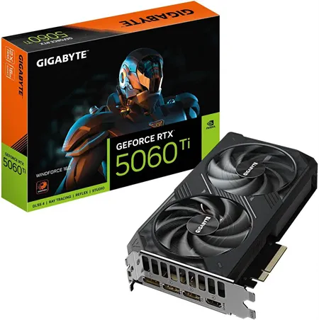 На изображении представлена видеокарта GIGABYTE GeForce RTX 5060 Ti Windforce OC 8G GV-N506TWF2OC-8GD. Это мощная видеокарта, предназначенная для игр и профессиональных задач. Она оснащена графическим процессором NVIDIA GeForce RTX 5060 Ti, который обеспечивает высокую производительность и поддержку современных технологий, таких как трассировка лучей и DLSS