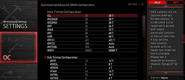 Показатели первичных таймингов оперативной памяти в BIOS материнской платы MSI
