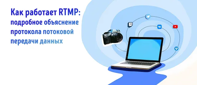 На изображении представлен текст: «Как работает RTMP: подробное объяснение протокола потоковой передачи данных». Также изображены ноутбук, камера и иконки социальных сетей (например, YouTube, Twitch, Discord), что символизирует использование RTMP для передачи видео и аудио данных в реальном времени