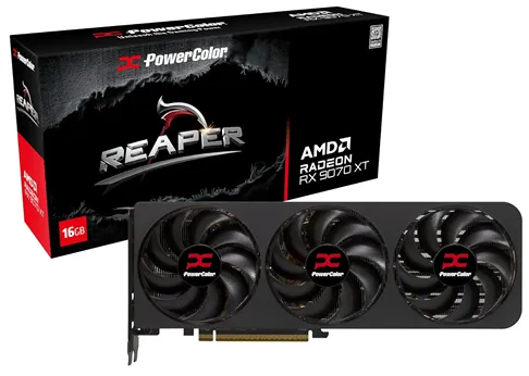 На изображении представлена видеокарта PowerColor Radeon RX 9070 XT Reaper с 16 ГБ видеопамяти GDDR6. Она оснащена системой охлаждения с тремя вентиляторами, что обеспечивает эффективное охлаждение при высоких нагрузках. Видеокарта поддерживает интерфейс PCIe 5.0 x16, что позволяет достичь высокой пропускной способности для современных игр и приложений