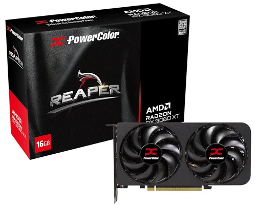 На изображении представлена видеокарта PowerColor Reaper AMD Radeon RX 9060 XT 16GB GDDR6. Это высокопроизводительная видеокарта, предназначенная для игр и работы с графикой. Она оснащена 16 ГБ видеопамяти GDDR6, что обеспечивает отличную производительность в играх и приложениях
