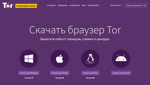 Снимок страницы для загрузки браузера Tor