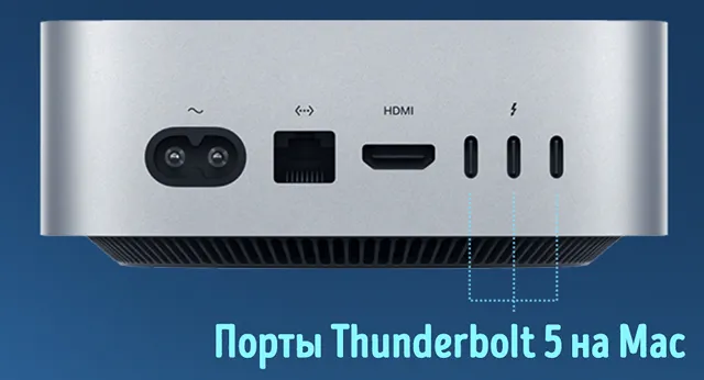Порты Thunderbolt 5 на новых компьютерах Mac