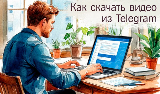 Яркий мужчина в синей рубашке скачивает видео через приложение Telegram