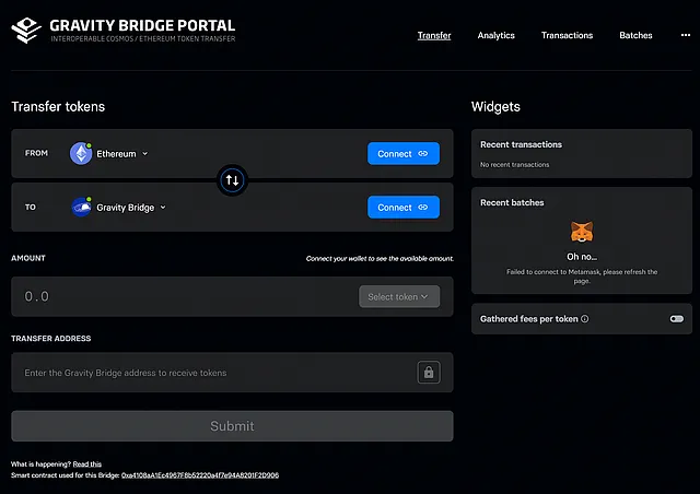 Снимок рабочего экрана криптовалютного моста Gravity Bridge