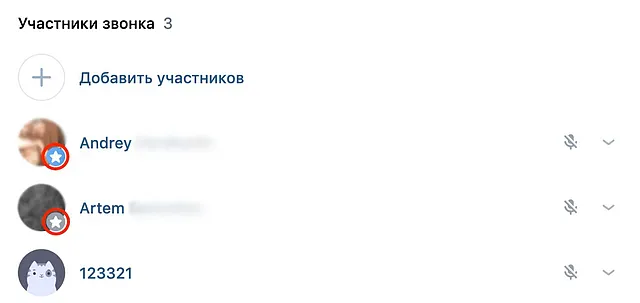 Отметки создателей звонка и администраторов в списке участников звонка на ВК