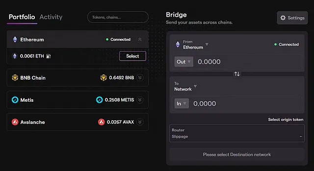 Форма для перевода активов через криптовалютный мост Synapse Bridge